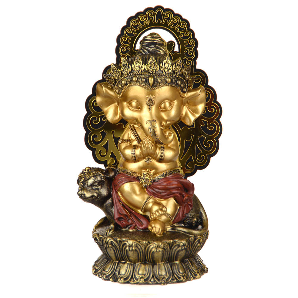 STATUE Ganesha On Mouse Gold/Red 25x13cm