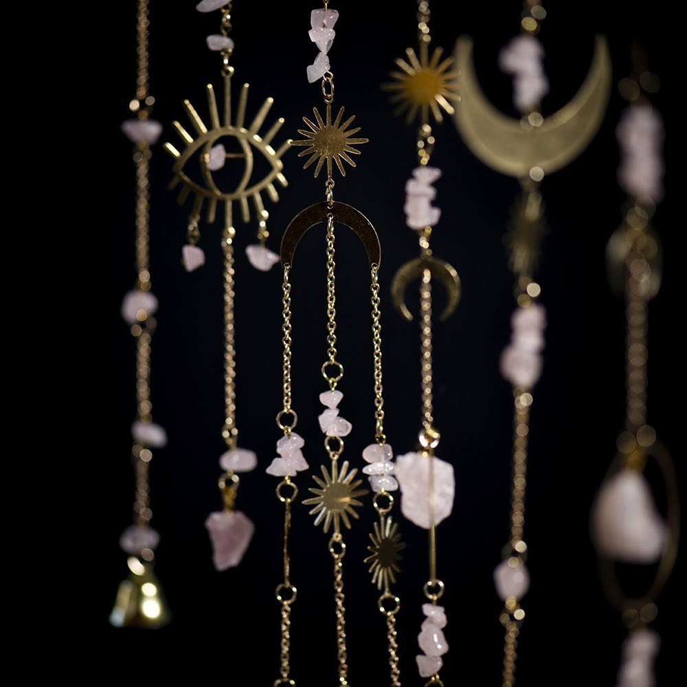 Rose Quartz Chain Wall Hanging with Bells Lunar - Karma Living