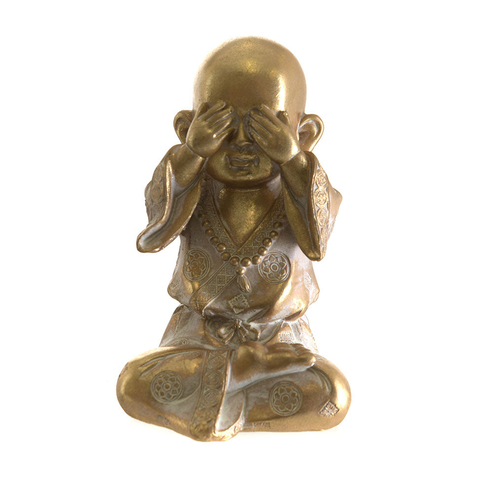 Monk Sitting See No Evil Statue White & Gold 16.5cm