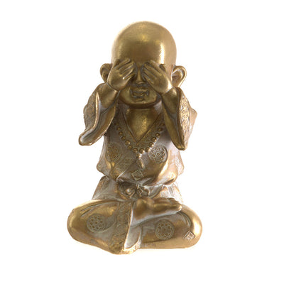 Monk Sitting See No Evil Statue White & Gold 16.5cm