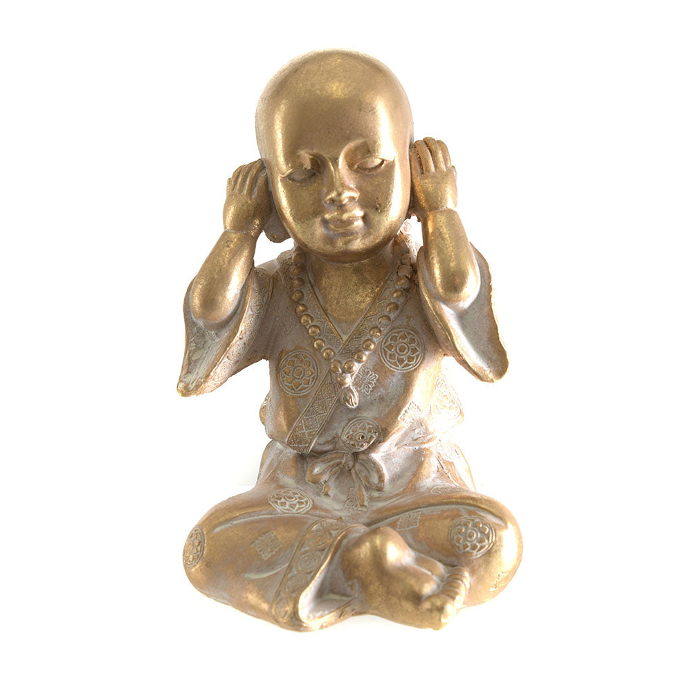 Monk Sitting Hear No Evil Statue White & Gold 16.5cm