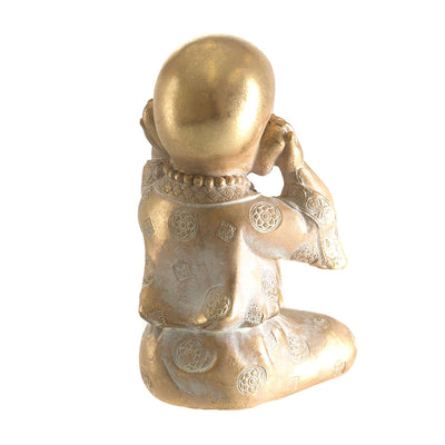 Monk Sitting Hear No Evil Statue White & Gold 16.5cm