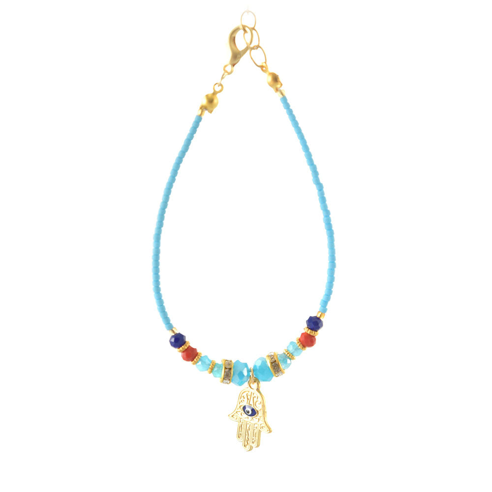 Hamsa Bracelet with Light Blue Beads - Karma Living
