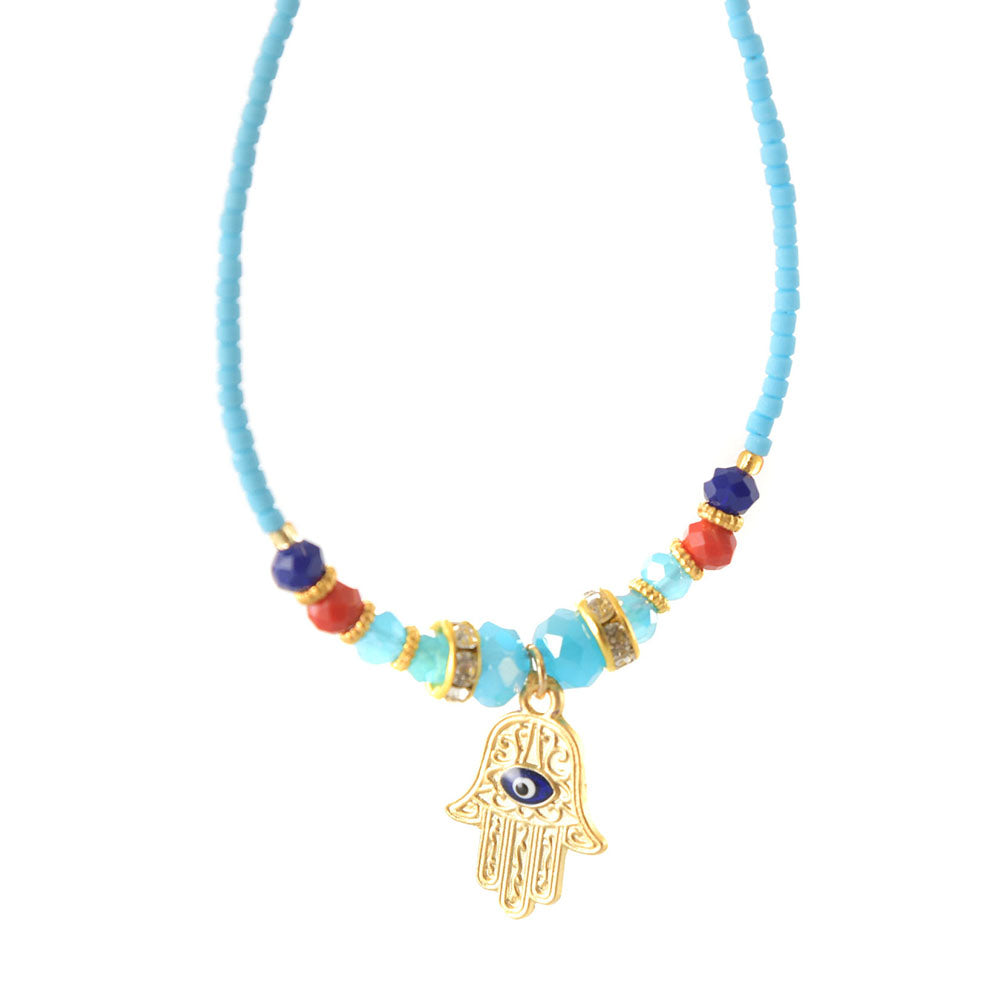 Hamsa Bracelet with Light Blue Beads - Karma Living