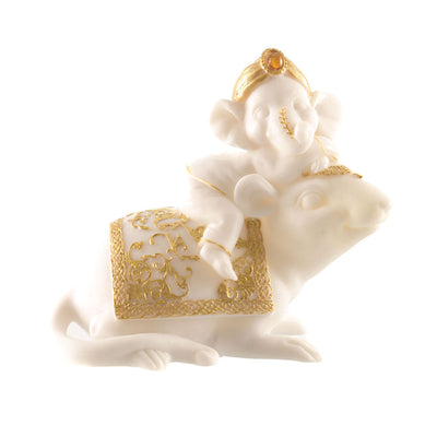 Ganesh Statue Sitting On Mouse White & Gold 16cm