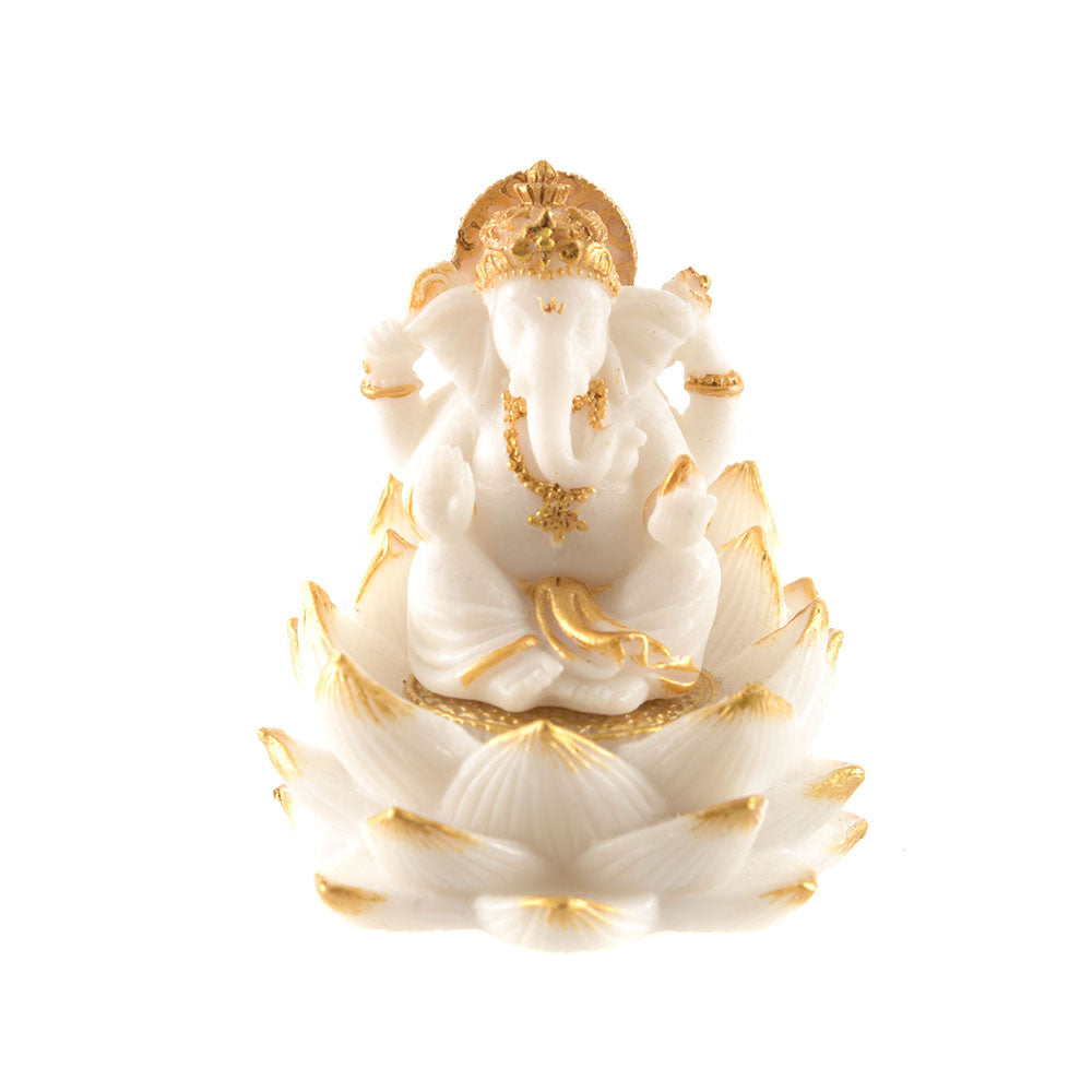 Ganesh Statue Sitting On Lotus White & Gold 8.5cm