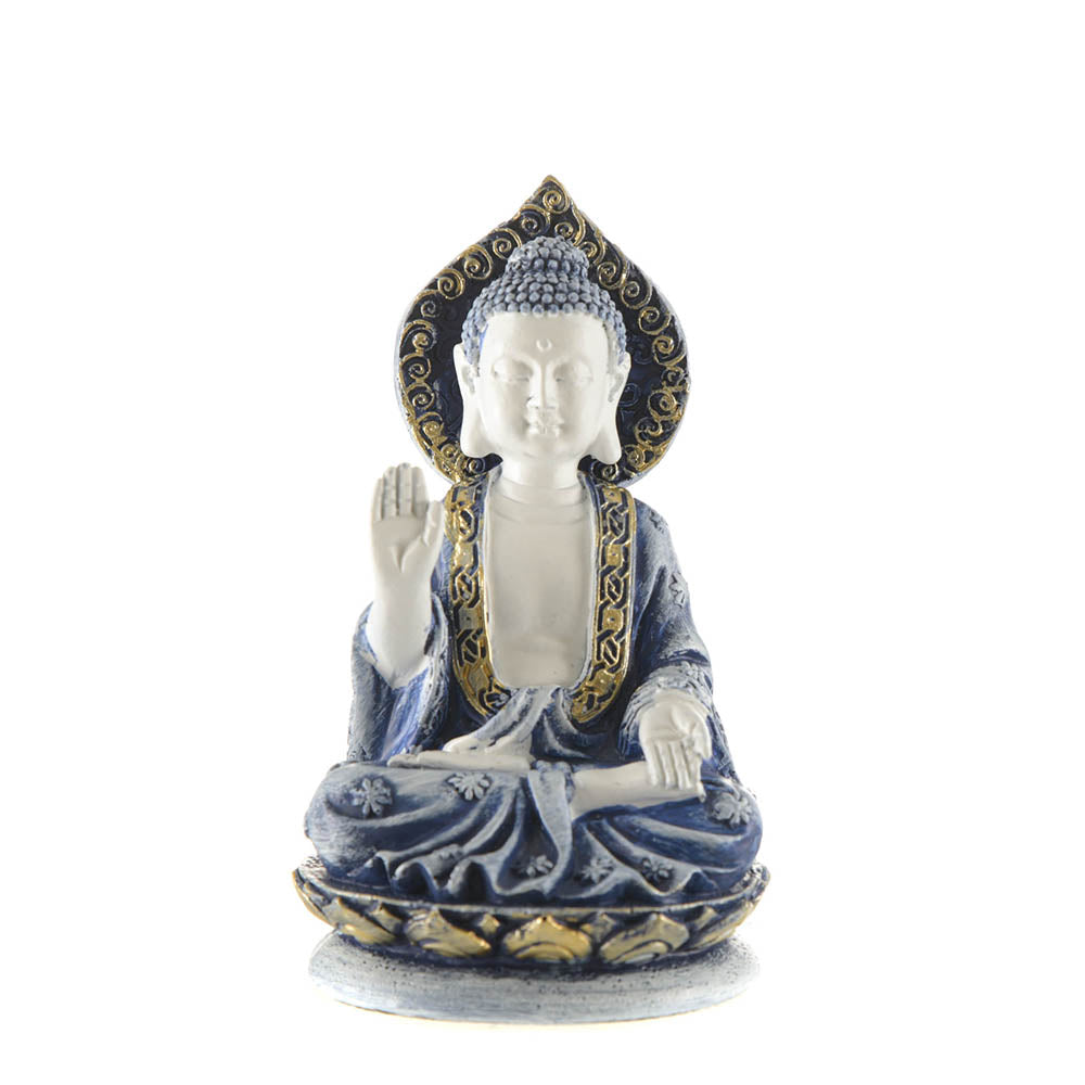 Buddha Statue Sitting Single Hand White & Blue 12x7cm
