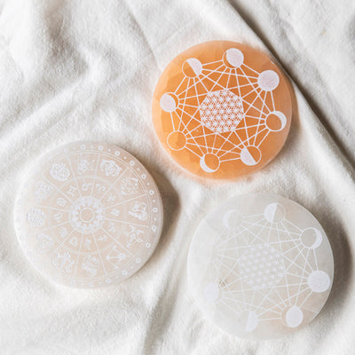 White Selenite Round Charging Plate Lunar - Karma Living