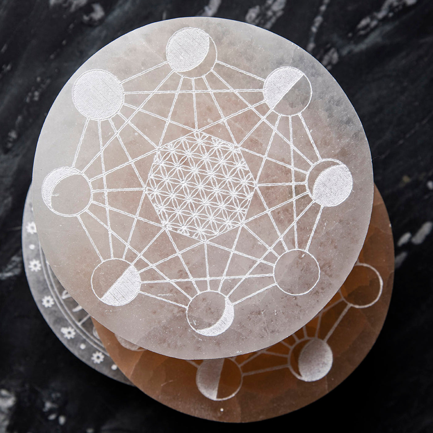 White Selenite Round Charging Plate Lunar - Karma Living