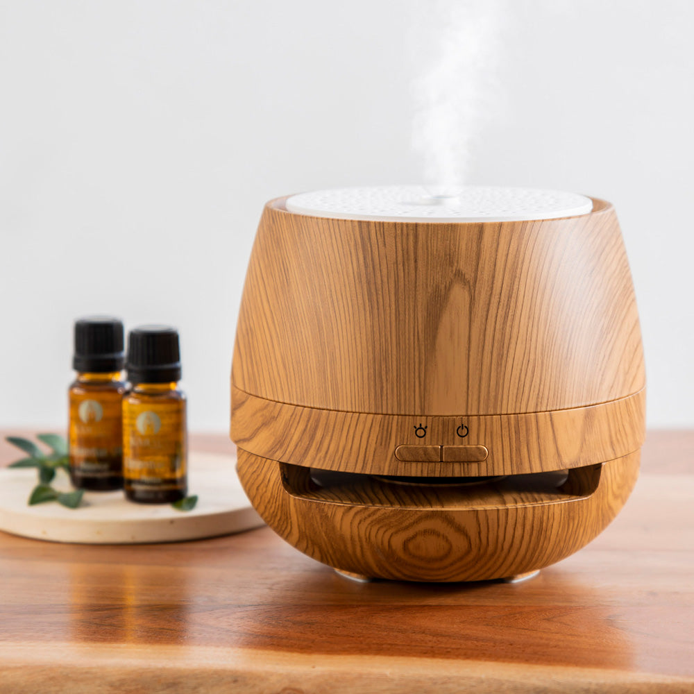 Rechargeable White & Wood Grain Diffuser With Bluetooth Speaker - Karma Living