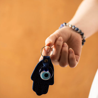 Evil Eye Key Ring on Leather Hamsa - Karma Living