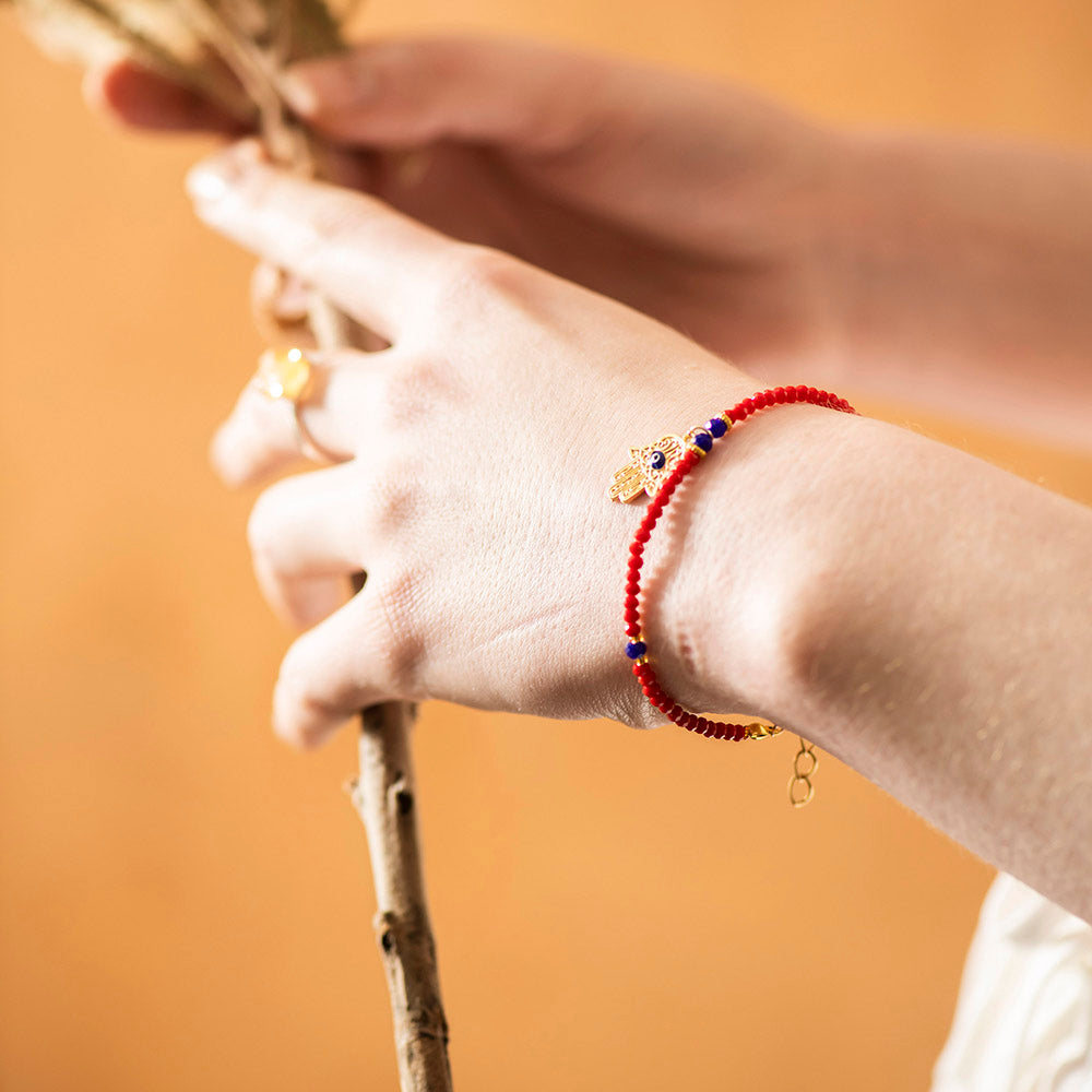 Hamsa Bracelet with Red Beads - Karma Living