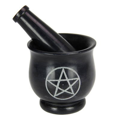 Soapstone Mortar & Pestle with Pentagram Black - Karma Living